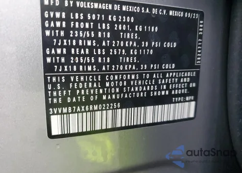 2024 Volkswagen Tiguan Se z USA, uszkodzony, nr VIN 3VVMB7AX6RM022256